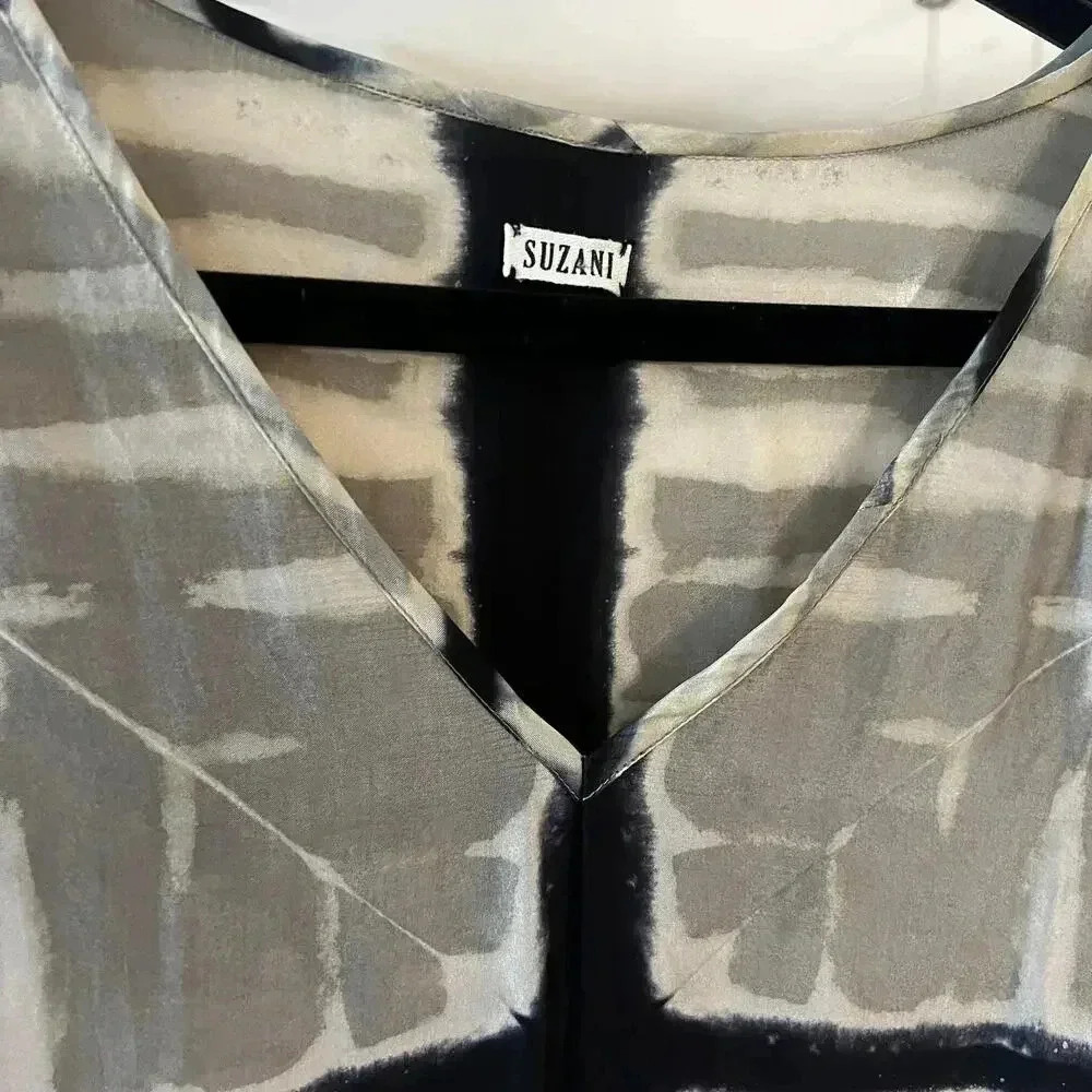 181 SUZANI Silk Caftan One Size Color Cream Black - Picture 2 of 3